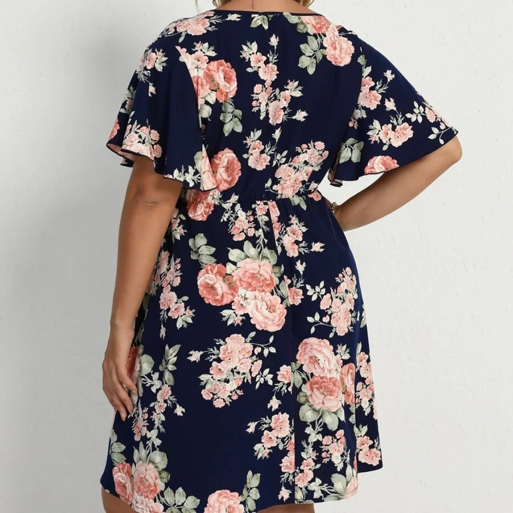 PLUS Boho Navy Blue Butterfly Sleeve Mini Dress Cottagecore - Picture 6 of 8